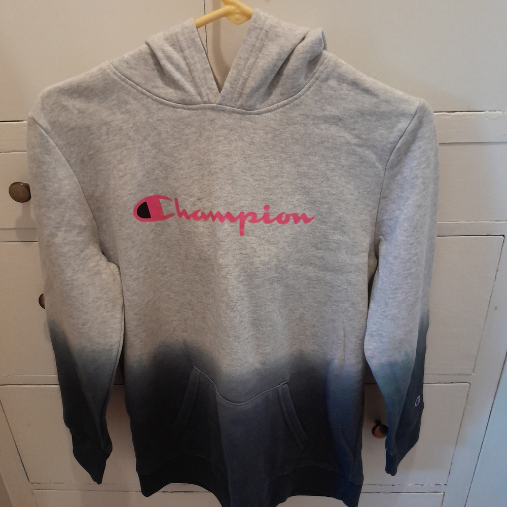 Champion Gray and Black Hoodie with Pink Logo